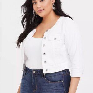 torrid brand Denim Crop Collarless Jacket White Size 2 Cotton Spandex